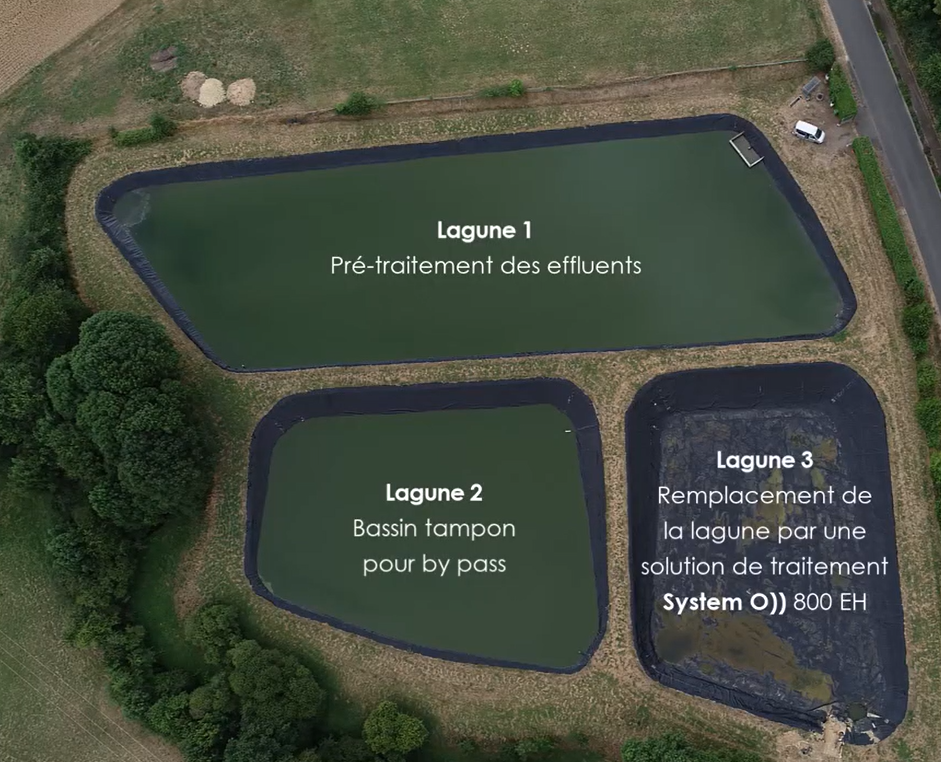 Photo aérienne des lagunes avant les travaux de réhabilitation de la station d'épuration de LOUISFERT