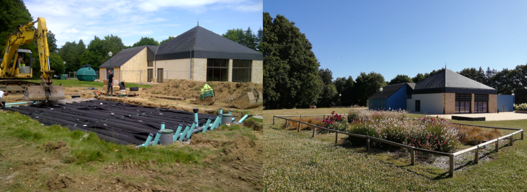 Photos pendant le chantier de la pose de l'assainissement EnviroSeptic pour la salle des fêtes communale de ILLIFAUT et apèrs avec l'intégration paysagère